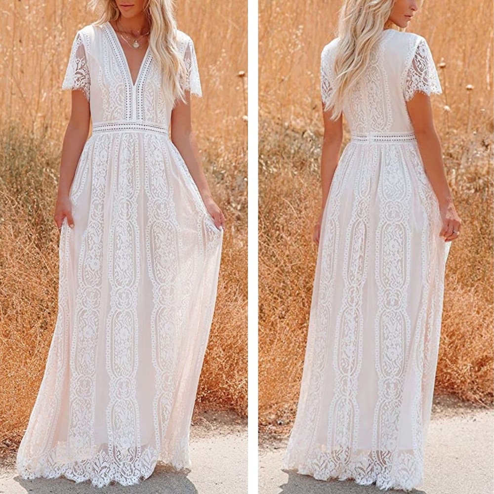 NEW White Lace Boho Short Sleeve Maxi Dress - Picture 2 of 14